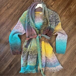 Greylin Multicolor Fringe Knit Belted Cardigan - Teal, Yellow, Purple, Brown